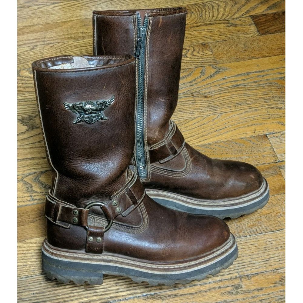 HARLEY DAVIDSON 85144 Brown Leather Mid-Calf 9" Zip Biker Harness Boots US 6.5